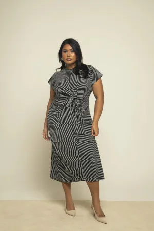 Curve Monochrome Knitted Stripe Capped Sleeve Midi Dress