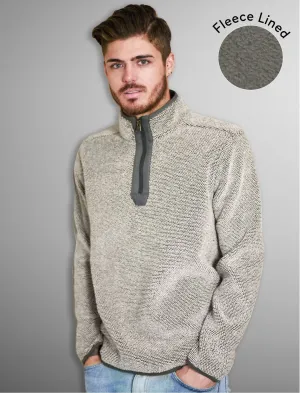 Micro Soft Jacquard Fleece Lined Bonded Pullover with Half Zip In Cream / Castlerock - Kensington Eastside
